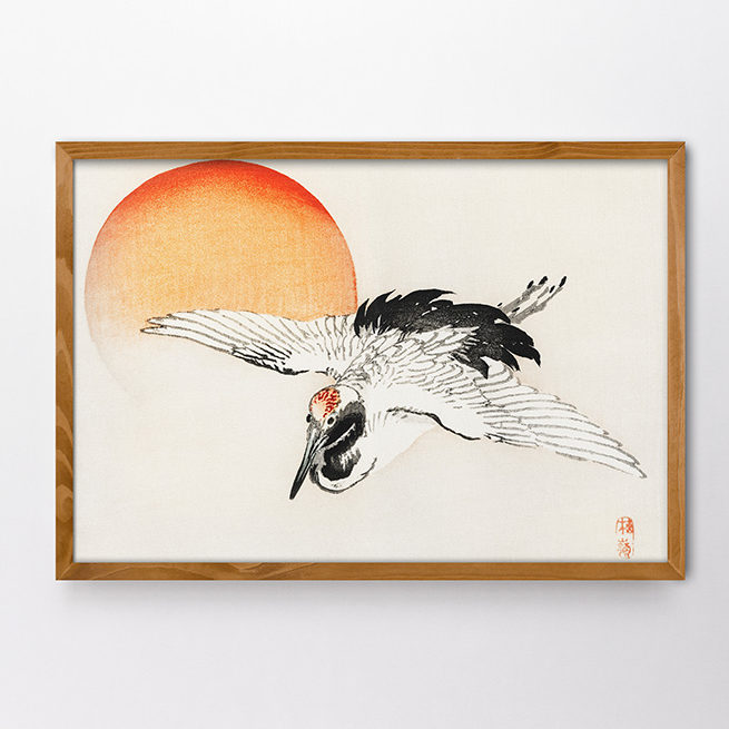 Ιαπωνικός Πίνακας με κορνίζα Γερανός πετάει με φόντο τον ήλιο