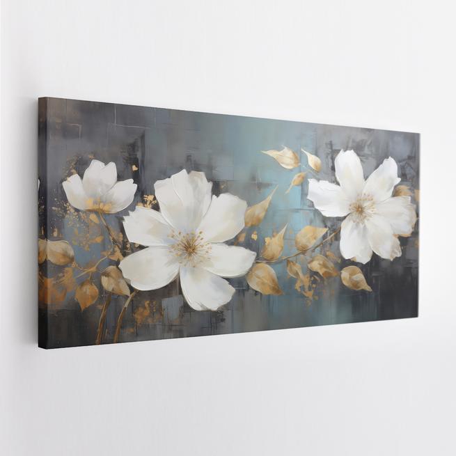 Πίνακας με λευκά λουλούδια και χρυσά φύλλα