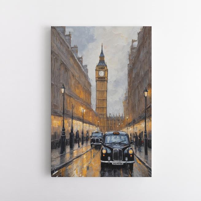 Λονδρέζικα ταξί κάτω από τον υγρό ουρανό του Big Ben