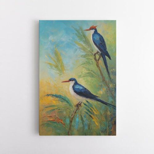Μια στιγμή ηρεμίας πουλιά σε κλαδιά, πίνακας με χρώμα