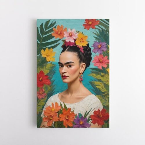 Φρίντα Κάλο με λουλούδια σε ανθισμένο φόντο χρωμάτων