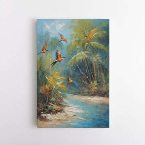 Τροπική σκηνή με πουλιά πάνω από ήρεμο γαλάζιο ποτάμι