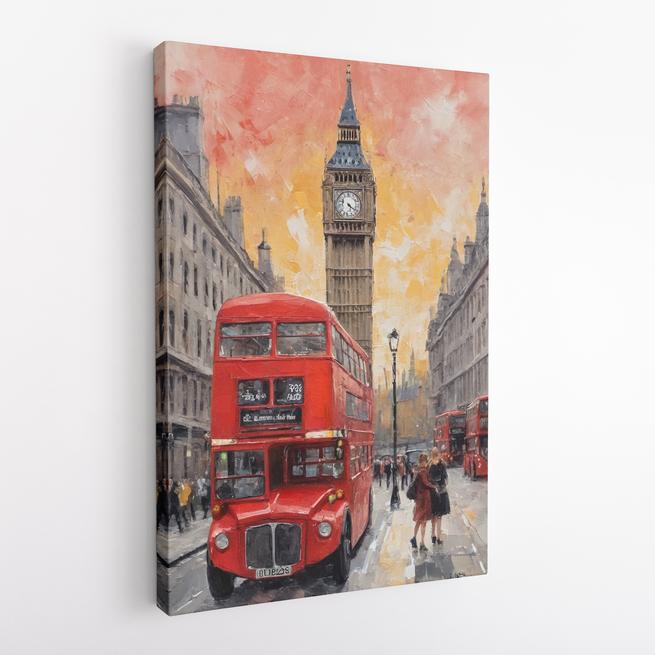Λονδρέζικο τοπίο με κόκκινο λεωφορείο και ζωντανή ατμόσφαιρα ζωγραφικής