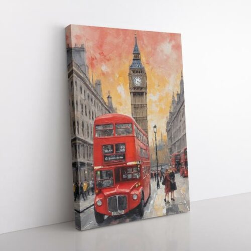Λονδρέζικο τοπίο με κόκκινο λεωφορείο και ζωντανή ατμόσφαιρα ζωγραφικής