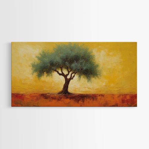 Δέντρο ελιάς σε κίτρινο φόντο και κόκκινο έδαφος