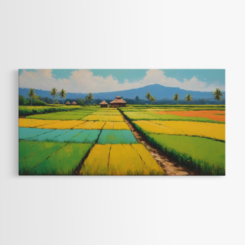 Ηρεμία σε αγροτικό τοπίο με χρωματιστά ρυζοχώραφα και μονοπάτια