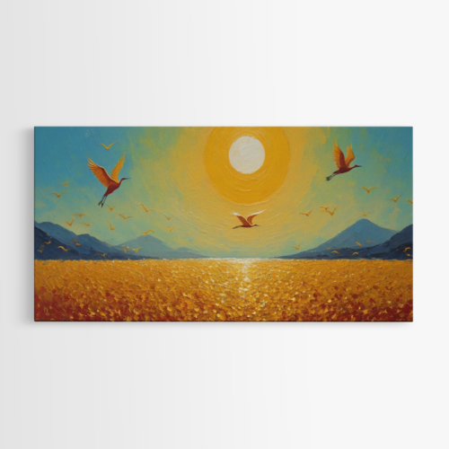 Πουλιά Πάνω από Ανθισμένα Χωράφια στο Χρυσό Φως