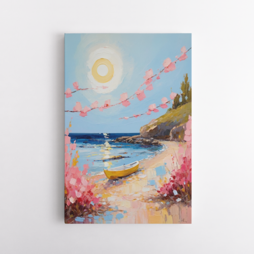 Ανοιξιάτικο τοπίο με βάρκα και ροζ άνθη στην άμμο