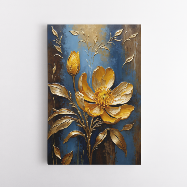 Ανθισμένο χρυσό λουλούδι σε μπλε φόντο