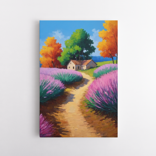 Ειδυλλιακό τοπίο με λεβάντες και παραδοσιακή κατοικία