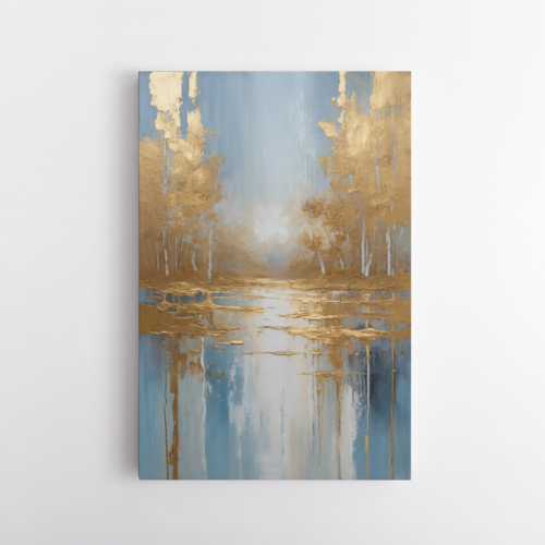 Μυστηριώδης τοπίο με χρυσά δέντρα και γαλάζια λίμνη