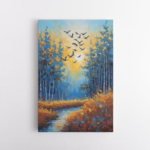 Φθινοπωρινή Σύνθεση Με Δέντρα, Νερό Και Πετούμενα Πουλιά