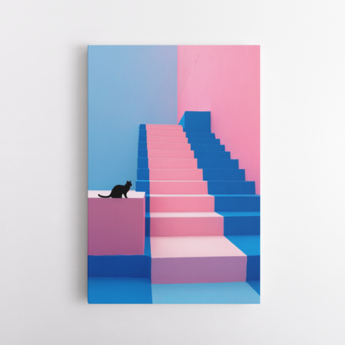 Η γάτα και η σκάλα Παιχνίδι χρωμάτων σε ροζ και μπλε