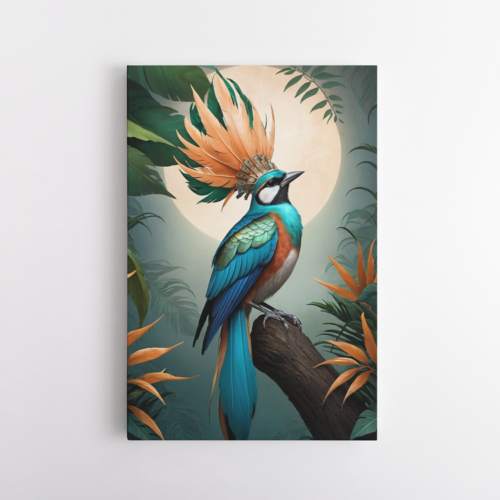 Μυθικό πουλί με βασιλικό στέμμα ανάμεσα σε τροπικά φύλλα