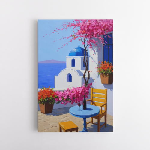 Παραδοσιακό ελληνικό σκηνικό με έντονα χρώματα και μεσογειακή αύρα