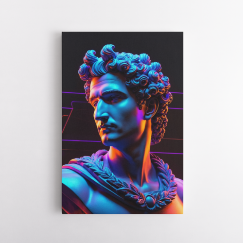 Σύγχρονη ερμηνεία κλασικής προτομής με έντονο φωτισμό νεον