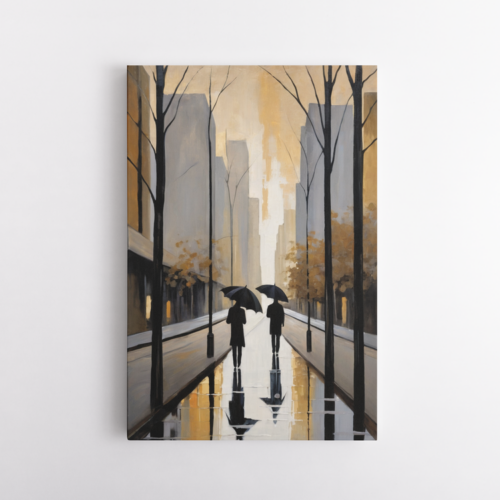 Συνοδοιπόροι σε αστική σκηνή με ομπρέλες και θερμά χρώματα