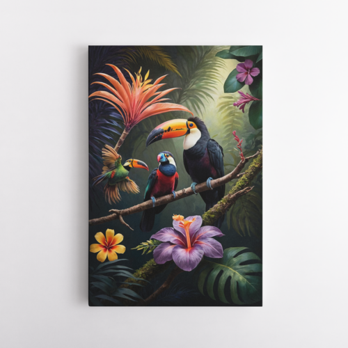 Τροπική σύνθεση με πανέμορφα πουλιά και πολύχρωμη χλωρίδα