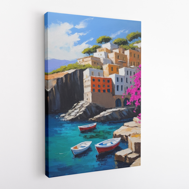 Μεσογειακό χωριό αγκαλιάζει την ακτή με ζωηρά χρώματα