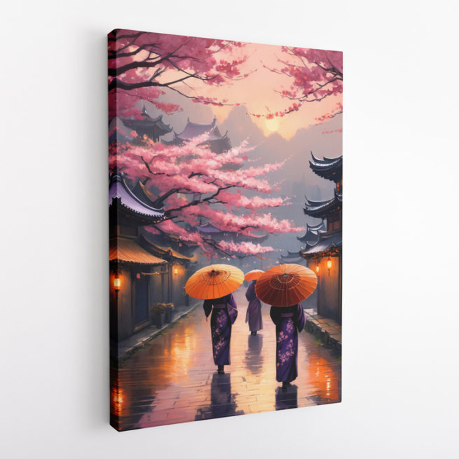 Περίπατος με παραδοσιακές ομπρέλες σε γραφική ασιατική γειτονιά