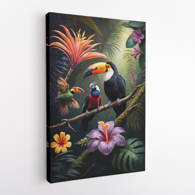 Τροπική σύνθεση με πανέμορφα πουλιά και πολύχρωμη χλωρίδα