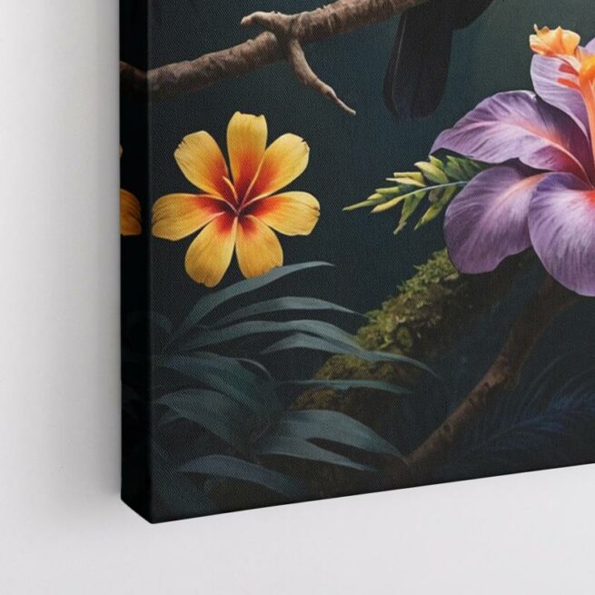 Τροπική σύνθεση με πανέμορφα πουλιά και πολύχρωμη χλωρίδα