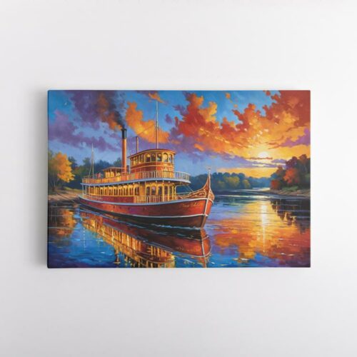 Ένα ποταμόπλοιο στο πολύχρωμο ηλιοβασίλεμα