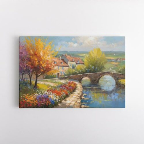 Γεφύρι και χρωματιστά λουλούδια σε Γαλλικό χωριό