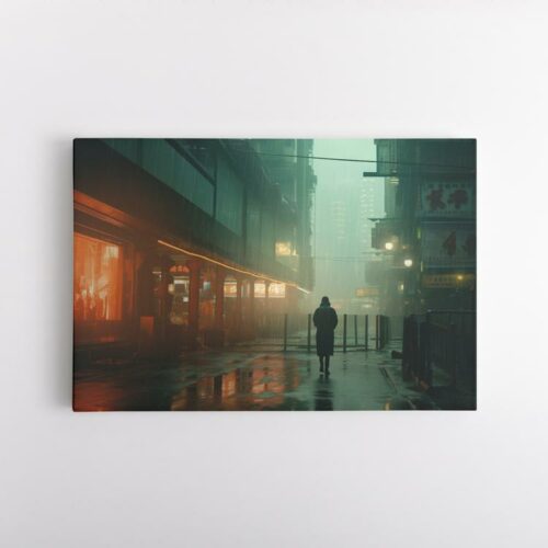 Μοναχική φιγούρα σε βροχερή πόλη