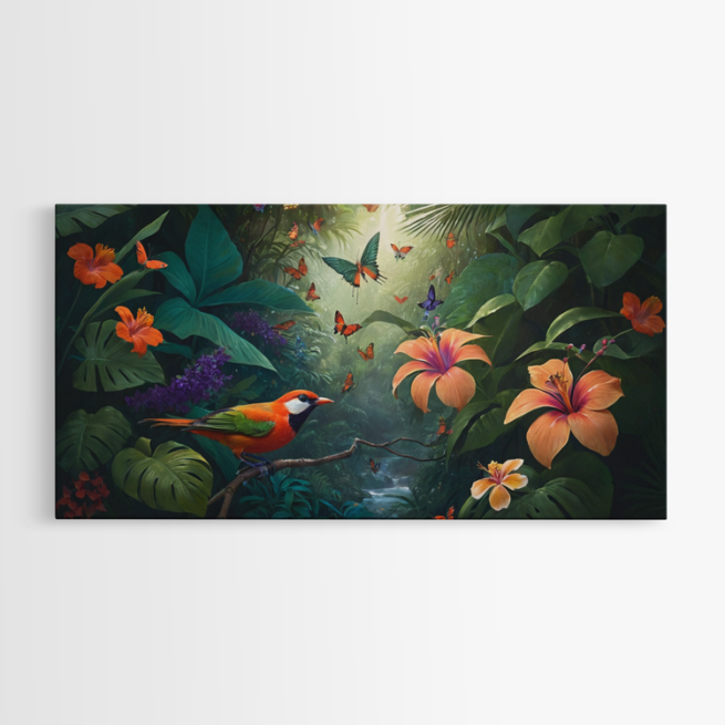 Τροπικό δάσος πουλιά, λουλούδια και πράσινα φύλλα 2