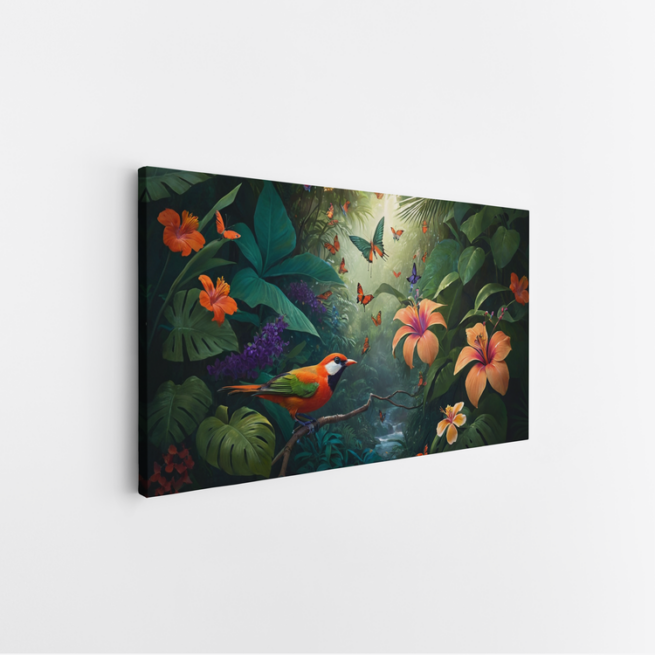 Τροπικό δάσος πουλιά, λουλούδια και πράσινα φύλλα 2