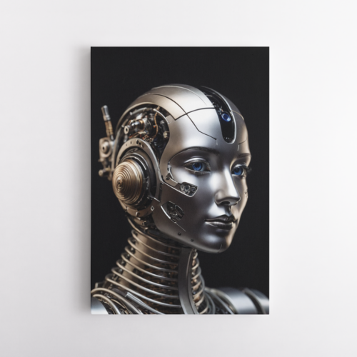 Ασημένιο ανδροειδές με γυναικεία μορφή και σκούρο φόντο