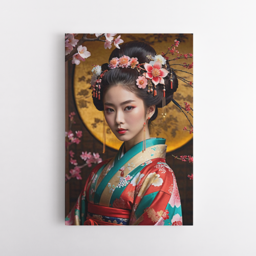 Γιαπωνέζα με πολύχρωμο παραδοσιακό κιμονό και λουλούδια στα μαλλιά