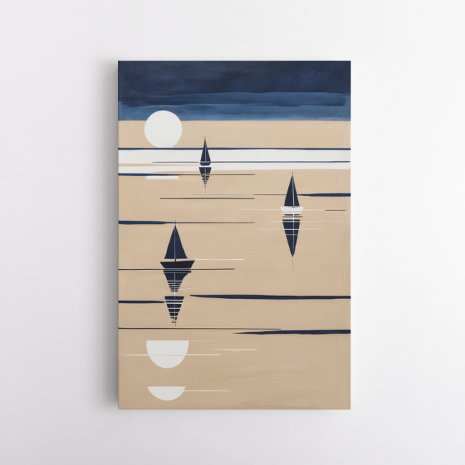 Ιστιοφόρα σε μπεζ θάλασσα και φεγγάρι