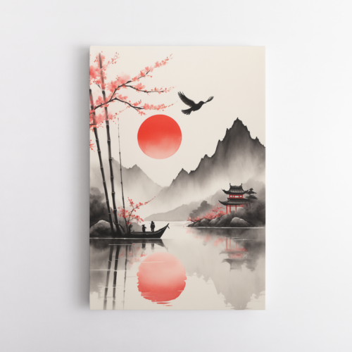 Κόκκινος ήλιος πάνω από Ιαπωνική λίμνη