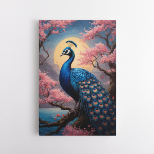 Παγώνι πάνω στις ανθισμένες κερασιές με φόντο το φεγγάρι