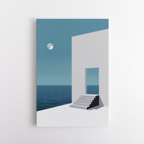 Σουρεαλιστική σύνθεση με πόρτα, σκάλες, φεγγάρι και θάλασσα