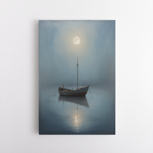 Βάρκα σε θολή λίμνη με πανσέληνο