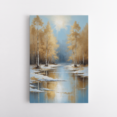 Χιονισμένες όχθες ποταμού και δέντρα με χρυσά φύλλα