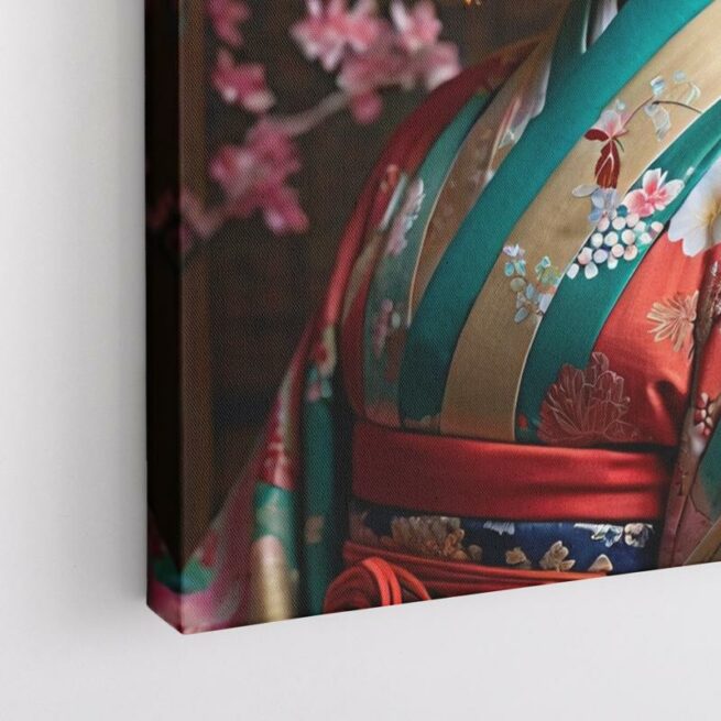 Γιαπωνέζα με πολύχρωμο παραδοσιακό κιμονό και λουλούδια στα μαλλιά