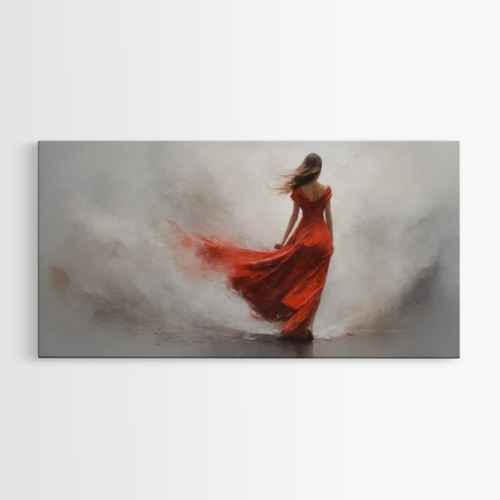 Γυναίκα με κόκκινο φόρεμα σε γαλήνιο περίπατο