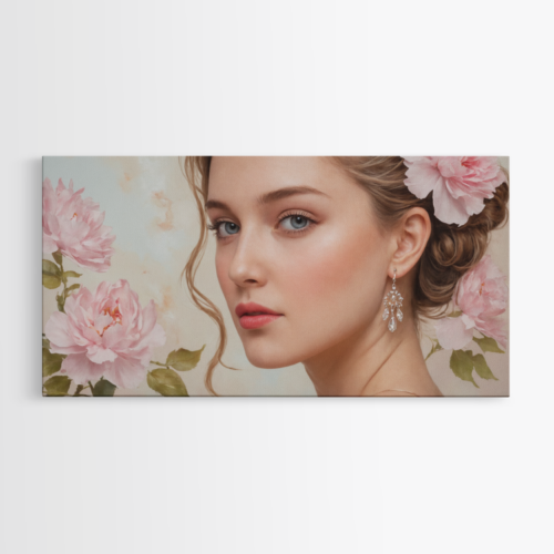 Πορτραίτο νεαρής γυναίκας με φόντο ροζ λουλούδια