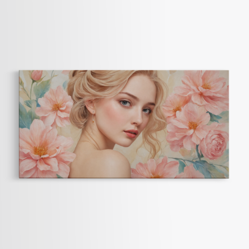 Πορτραίτο νεαρής γυναίκας με φόντο ροζ λουλούδια 1