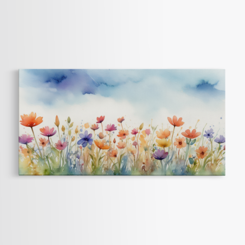 Αγριολούλουδα σε καταπράσινο λιβάδι κάτω από γαλάζιο ουρανό