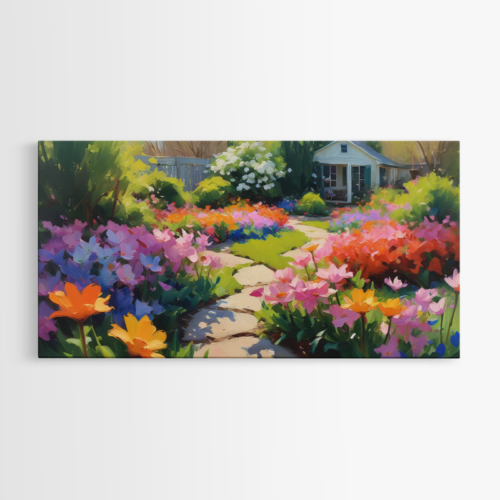 Ανθισμένος κήπος με ποικιλία λουλουδιών μπροστά από μικρή καλύβα