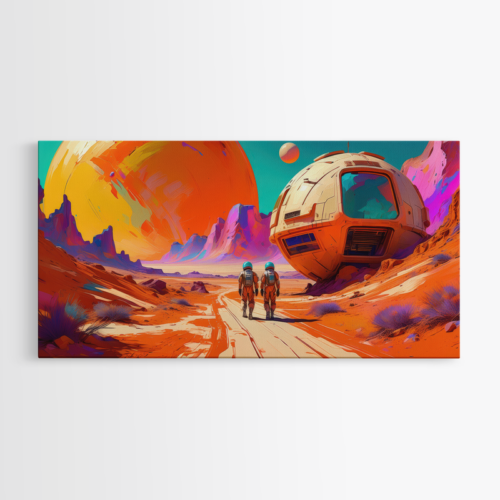 Αστροναύτες σε Εξωγήινο Τοπίο με Πολύχρωμους Πλανήτες