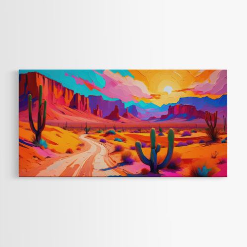 Έρημος με κάκτους και έντονα χρώματα στο ηλιοβασίλεμα