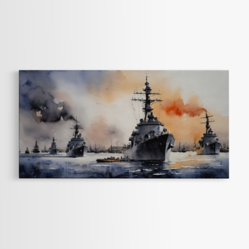 Πολεμικά πλοία σε ναυμαχία με δραματικό ουρανό