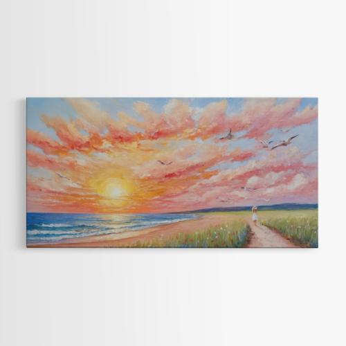 Ρομαντικό Ηλιοβασίλεμα στην Παραλία με Ροζ Σύννεφα