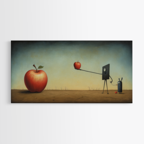 Σουρεαλιστική σκηνή με φιγούρες και μεγάλα μήλα σε έρημο τοπίο